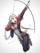 1girl ahoge blue_eyes bow_(weapon) braid breasts capelet chakamaru_ut drawing_bow dress fire_emblem fire_emblem_fates hairband harness highres holding holding_bow_(weapon) holding_weapon hood hooded_capelet keyring long_hair low_twin_braids low_twintails medium_breasts microdress nina_(fire_emblem) o-ring o-ring_harness open_mouth pantyhose parted_bangs red_hood striped_clothes striped_pantyhose twin_braids twintails vertical-striped_clothes vertical-striped_pantyhose weapon white_hair rating:g score:2 post #10175537