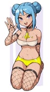 1girl bare_shoulders black_choker blue_hair border borrowed_character breasts bridal_gauntlets choker commentary dark-skinned_female dark_skin detached_sleeves double-parted_bangs double_bun ear_piercing english_commentary fishnet_bridal_gauntlets fishnet_thighhighs fishnets food food_between_breasts full_body hair_bun hand_up iru_may_(akairiot) large_breasts looking_at_viewer melting_popsicle micro_shorts oninuer open_mouth original outside_border piercing popsicle purple_eyes seiza short_hair shorts sidelocks sitting smile solo spiked_choker spikes stomach strapless thighhighs tube_top white_border white_tube_top yellow_shorts rating:s score:6 post #10175176