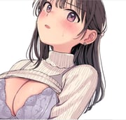 1girl black_hair blush bra breasts cleavage commentary_request earrings highres jewelry large_breasts long_hair miyama_(kannsannn) open-chest_sweater original purple_eyes solo striped_background sweat sweater underwear upper_body rating:s score:13 post #10008905