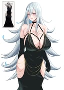 1girl alternate_breast_size_(larger) alternate_costume bare_shoulders black_dress black_gloves breasts chain cleavage clothing_cutout commentary_request contemporary dress duel_monster elbow_gloves gloves gold_chain grey_hair hip_vent huge_breasts kaisen_pasta long_hair modakawa_dress parted_lips purple_eyes reference_inset silent_magician solo very_long_hair yu-gi-oh! rating:s score:54 post #9624177