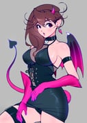 1girl arm_behind_back ayase_momo bare_shoulders black_choker black_dress black_panties breasts brown_hair choker cleavage cowboy_shot dandadan demon_girl demon_horns demon_tail demon_wings dress earrings gloves grey_background hair_between_eyes heart heart_choker highres horns jewelry large_breasts light_blush long_hair panties parted_lips pink_gloves pointy_ears short_dress sideboob solo tail thigh_strap underwear upskirt wings y8brass rating:s score:5 post #10175026