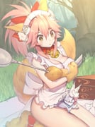 1girl :o absurdres animal animal_ears apron bell blush bow breasts fate/grand_order fate_(series) forest fou_(fate) gloves grass highres ladle large_breasts looking_down mogullaz naked_apron nature neck_bell on_lap picnic pink_hair red_bow sitting skindentation solo tail tamamo_cat_(fate) tamamo_cat_(third_ascension)_(fate) thighs yellow_eyes rating:s score:8 post #10126783