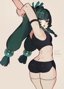 1girl android arm_strap armpits ass black_shirt black_shorts braid braided_sidelocks breasts crop_top from_behind green_eyes green_hair highres humanoid_robot long_hair looking_at_viewer looking_back oniyanna open_mouth qingyi_(zenless_zone_zero) robot shirt short_shorts shorts simple_background small_breasts solo stretching thick_thighs thighs twintails v-shaped_eyebrows zenless_zone_zero rating:s score:6 post #10176734