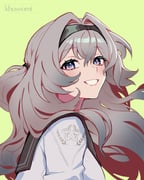 1girl artist_name black_hairband black_sailor_collar firefly_(honkai:_star_rail) firefly_(spring_missive)_(honkai:_star_rail) green_background grey_hair grin hairband highres honkai:_star_rail honkai_(series) khuwomi21 long_hair looking_at_viewer official_alternate_costume one_side_up purple_eyes sailor_collar sailor_shirt shirt simple_background smile solo upper_body very_long_hair white_shirt rating:g score:3 post #10175546