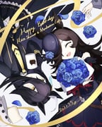 2girls absurdres agnes_tachyon_(umamusume) ahoge animal_ears belt black_belt black_coat black_pantyhose black_skirt black_vest blue_flower blue_rose bouquet closed_eyes coat collared_shirt commentary_request creamer_(vessel) cup dated dress ear_ornament ear_tag earrings flower hair_between_eyes happy_birthday hat hat_flower hem_peeking_out highres holding holding_bouquet holding_cup horse_ears horse_girl jewelry long_hair_between_eyes manhattan_cafe_(creeping_black)_(umamusume) manhattan_cafe_(umamusume) mihono_bourbon_(umamusume) mug multicolored_hair multiple_girls necktie off-shoulder_dress off_shoulder open_clothes open_coat open_mouth pantyhose pleated_skirt purple_dress purple_hat rice_shower_(rosy_dreams)_(umamusume) rice_shower_(umamusume) rose shirt simple_background single_earring skirt smile sumikaracafe thick_eyebrows tilted_headwear umamusume vest white_background white_hair white_shirt yellow_necktie rating:g score:6 post #10164015