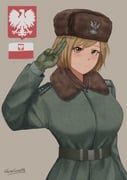 1girl absurdres artist_name blush brown_eyes brown_hair brown_hat coat cold_war emblem english_commentary fur-trimmed_coat fur_hat fur_trim gloves green_coat green_gloves grey_background grzegorz1996 hat highres long_sleeves looking_at_viewer military military_uniform original poland polish_army polish_flag salute short_hair shoulder_boards simple_background smile soldier solo two-finger_salute upper_body ushanka rating:g score:3 post #10167795