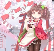 1girl apron bowl brown_eyes brown_hair brown_pantyhose cherry_blossoms child chopsticks eating ecobou_alma emil_chronicle_online food highres holding holding_bowl holding_chopsticks japanese_clothes kimono kitune47 mochi official_alternate_costume pantyhose pink_ribbon red_kimono ribbon short_twintails shrine solo torii twintails white_apron wide_sleeves rating:g score:1 post #10166467