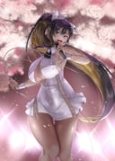 1girl :d absurdres black_hair blonde_hair blue_eyes breasts brooch cable cherry_blossoms cleavage_cutout clothing_cutout colored_inner_hair commentary_request covered_navel dark-skinned_female dark_skin dress fujisaki_subaru goddess_of_victory:_nikke hair_ribbon high_ponytail highres holding holding_cable holding_microphone huge_breasts jewelry looking_at_viewer microphone multicolored_hair nail_polish noise_(cherry_blossom_stage)_(nikke) noise_(nikke) official_alternate_costume open_mouth pleated_dress ponytail ribbon see-through_clothes see-through_sleeves sideboob smile solo stage_lights standing teeth thick_thighs thigh_gap thighs two-tone_hair upper_teeth_only white_dress white_nails white_ribbon wide_hips rating:s score:74 post #6570992