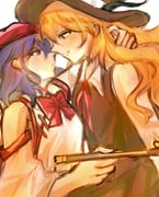 2girls :/ absurdres black_hat black_vest blonde_hair bow bowtie collared_shirt detached_sleeves embarrassed eye_contact face-to-face hand_on_another's_neck hat highres holding holding_smoking_pipe jacket_girl_(dipp) label_girl_(dipp) long_hair long_sleeves looking_at_another medium_hair mowuze multiple_girls neck_ribbon parted_lips purple_eyes purple_hair red_bow red_bowtie red_eyes red_ribbon ribbon shirt simple_background sleeveless sleeveless_shirt smile smoking_pipe touhou very_long_hair vest white_background white_shirt yuri rating:g score:8 post #10102646