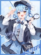 1girl absurdres bag black_bow black_bowtie black_capelet black_hair black_skirt blue_background blue_border blue_hair blue_necktie blue_skirt blush border bow bowtie braid braided_hair_rings capelet character_name collared_shirt cowboy_shot deerstalker grey_shirt grid_background hair_rings hat highres holding holding_magnifying_glass layered_skirt magnifying_glass mahou_shoujo_no_majo_saiban necktie open_mouth outline plaid_clothes plaid_skirt salute setsuna_0430 shirt short_hair short_necktie sidelocks signature skirt smile solo tachibana_sherry yellow_eyes rating:g score:1 post #10177344