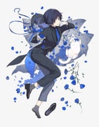 1boy absurdres alternate_costume belt belt_buckle bishounen black_belt black_hair black_hat black_jacket black_pants black_shoes black_sleeves black_suit blue_flower blue_jacket blue_necktie blue_petals blue_ribbon blue_rose blue_suit blunt_ends bright_pupils buckle cat choppy_bangs coattails contemporary dress_shirt eyeliner eyeshadow flower formal_clothes from_above genshin_impact gloves grey_socks hair_intakes hand_on_own_face hands_up hat hat_flower hei_lang highres jacket lapels layered_sleeves long_sleeves looking_at_viewer lying makeup male_focus necktie on_side open_hands oxfords pants petals_on_ground purple_eyes red_eyeliner red_eyeshadow ribbon rose scaramouche_(genshin_impact) shirt shoes smile socks solo suit suit_jacket trilby tsurime two-sided_fabric two-sided_jacket two-sided_suit undershirt unworn_hat unworn_headwear unworn_shoes white_background white_cat white_flower white_gloves white_mouth white_pupils white_rose rating:g score:3 post #9703676