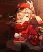 1girl absurdres backpack bag bag_charm blonde_hair boots charm_(object) closed_eyes dodoco_(genshin_impact) dress feathers genshin_impact gloves hat hat_feather highres klee_(genshin_impact) knee_boots long_hair pointy_ears red_dress red_hat se2ra sitting solo twintails white_feathers rating:g score:6 post #10147664