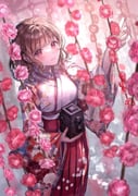 1girl blurry blurry_foreground blush breasts brown_hair camera closed_mouth commentary_request floral_print floral_print_kimono flower hakama hakama_skirt highres holding holding_camera japanese_clothes kimono long_sleeves looking_at_viewer medium_breasts medium_hair original pink_eyes pink_flower pink_nails plum_blossoms print_kimono red_skirt sakura_(39ra) skirt smile solo standing twin-lens_reflex_camera white_kimono wide_sleeves rating:g score:8 post #9217766