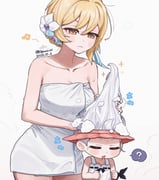 2girls ? bare_shoulders blonde_hair blush blush_stickers breasts closed_eyes closed_mouth collarbone commentary_request dated dress flower genshin_impact hair_between_eyes hair_flower hair_ornament lumine_(genshin_impact) medium_breasts multiple_girls musical_note naked_towel open_mouth paimon_(genshin_impact) q_(oshikuraq) shampoo_hat short_hair_with_long_locks simple_background sleeveless sleeveless_dress soap_bubbles towel twitter_username washing_another wet white_background white_dress white_flower yellow_eyes rating:s score:24 post #10077889