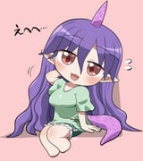 1girl :3 :d barefoot blush breasts chibi chibi_only commentary_request flying_sweatdrops full_body green_shirt green_shorts hair_between_eyes horns long_hair looking_at_viewer open_mouth pink_background pointy_ears purple_hair red_eyes rokugou_daisuke shirt short_sleeves shorts simple_background single_horn sitting smile solo tail tenkajin_chiyari touhou rating:g score:2 post #10177009