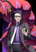 antennae belt black_background black_pants black_suit bug collared_shirt corbeau_(pokemon) eyewear_strap forute_na glasses hand_in_pocket holding holding_poke_ball mega_stone necktie open_mouth pants pillbug poke_ball pokemon pokemon_(creature) pokemon_legends:_z-a purple_background purple_hair purple_shirt scolipede shirt short_hair slit_pupils suit white_necktie yellow_eyes rating:g score:3 post #10173510