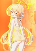 1girl :p absurdres bare_legs blonde_hair blue_archive bow breasts commentary commission cowboy_shot dress drop_shadow english_commentary from_behind hair_bow halo hand_on_own_ass hand_on_own_thigh hifumi_(blue_archive) highres kghazir long_hair looking_at_viewer looking_back low_twintails medium_breasts naughty_face orange_background outline short_dress simple_background sleeveless sleeveless_dress smile solo spaghetti_strap tongue tongue_out twintails underbutt very_long_hair white_outline yellow_dress yellow_eyes yellow_halo zoom_layer rating:s score:28 post #10143958