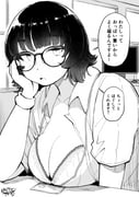 1girl absurdres blush bra breasts glasses greyscale hadashi_no_kenji head_rest highres id_card large_breasts medium_hair monitor monochrome office_lady open_clothes open_shirt original solo translated underwear rating:s score:5 post #10175121