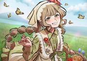 1girl absurdres apron argyle_clothes argyle_headscarf blue_flower blue_sky blunt_bangs blunt_ends brown_eyes brown_hair bug butterfly buttons circle_skirt cloud collared_dress commentary_request country_lolita cowboy_shot daisy_(flower) day dress fingernails floating_clothes floating_hair floral_background flower frilled_dress frills green_dress green_pastoral_(shining_nikki) grin hair_flower hair_ornament hairclip happy hat hat_flower headscarf highres holding holding_flower lace-trimmed_apron lace-trimmed_headwear lace_trim leaf_hair_ornament light_blush light_rays lipstick lolita_fashion long_dress long_hair long_sleeves low_twintails makeup mountainous_horizon multi-tied_hair nikki_(series) nostrils onomari546 outdoors pink_flower pink_lips plaid_clothes plaid_dress pointy_nose purple_flower red_flower shining_nikki sidelocks sky smile solo standing tulip twintails very_long_hair wavy_hair white_apron white_flower yellow_butterfly yellow_flower yellow_headscarf rating:g score:1 post #10152459