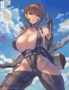 1girl areola_slip ass_visible_through_thighs black_gloves bodysuit braid breasts brown_eyes brown_hair cleavage clothing_cutout covered_nipples delta_(nikke) delta_(ninja_thief)_(nikke) elbow_gloves english_commentary gloves goddess_of_victory:_nikke hip_vent howxen large_breasts lips ninja official_alternate_costume parted_lips short_hair short_sword shoulder_tattoo skin_tight skindentation sleeveless sleeveless_bodysuit solo sword tattoo thigh_strap weapon yellow_eyes rating:q score:56 post #10165889