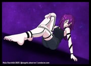 1girl absurdres ahoge arm_tattoo bare_shoulders barefoot cendaran denim denim_shorts facial_tattoo feet hand_on_own_knee head_tilt highres leaning_back leg_tattoo lily_graves long_hair looking_at_viewer maia_starchild messy_hair nail_polish open_mouth purple_eyes purple_hair self-upload shorts simple_background solo tank_top tattoo rating:g score:-1 post #10177259