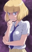 1girl biting biting_own_thumb black_eyes blonde_hair blunt_bangs bob_cut breasts collared_shirt commentary_request hand_up highres ichikawa_masahiro looking_at_viewer nail_polish necktie pink_nails pleated_skirt purple_background purple_necktie school_uniform shirt shirt_tucked_in short_hair short_sleeves skirt solo teeth thumb_to_mouth uchi_emiri unusually_open_eyes upper_body watashi_ga_motenai_no_wa_dou_kangaetemo_omaera_ga_warui! white_shirt yellow_skirt rating:g score:3 post #10175300
