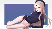 1girl abigail_williams_(fate) blue_eyes blue_hat blue_leotard braid brown_hair commentary covered_nipples english_commentary fate/grand_order fate_(series) frontal_wedgie hat highres leotard long_hair looking_at_viewer lying on_side open_mouth partially_visible_vulva pussy rancidronin solo wedgie rating:e score:40 post #10128875