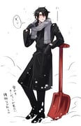 1boy az_(pixiv_108058292) black_coat black_gloves black_hair black_pants blush coat commentary_request elbow_rest final_fantasy final_fantasy_vii full_body gloves grey_scarf hair_between_eyes highres long_hair looking_to_the_side male_focus pants planted planted_shovel red_eyes scarf short_hair shovel simple_background snow snow_shovel speech_bubble standing sweat thought_bubble translation_request turks_(ff7) vincent_valentine rating:g score:5 post #10073192