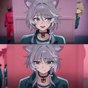 2girls ^^^ aglaea_(honkai:_star_rail) animal_ear_fluff animal_ears black_choker blonde_hair blue_eyes blue_jacket blurry blurry_background bow braid cat_choker cat_ears cat_girl choker cipher_(honkai:_star_rail) closed_mouth collarbone empty_eyes fang flower green_eyes grey_hair hair_between_eyes hair_bow hair_flower hair_ornament half-closed_eyes honkai:_star_rail honkai_(series) indoors jacket laurel_crown long_sleeves looking_at_another looking_down meme multicolored_hair multiple_girls multiple_views nervous_smile open_clothes open_jacket open_mouth puffy_long_sleeves puffy_sleeves sad shirt short_hair shuraillusts single_braid single_sidelock smile solo_focus squid_game sweat t-shirt tearing_up track_jacket two-tone_hair upper_body white_bow white_flower white_hair white_shirt year_1_&_year_2_(squid_game)_(meme) rating:g score:7 post #10174845