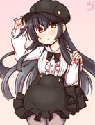 1girl :< ahoge alternate_costume artist_logo bag beret black_hair black_hat black_skirt blush breasts commentary_request cowboy_shot dated grey_pantyhose hat kanon_(kurogane_knights) kantai_collection logo long_hair long_sleeves looking_at_viewer mikazuki_(kancolle) one-hour_drawing_challenge pantyhose pink_background shirt shoulder_bag skirt small_breasts solo white_shirt yellow_eyes rating:g score:5 post #10047628