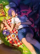 1girl 2boys angel_devil_(chainsaw_man) apple baseball_cap black_choker black_pants blood blue_shorts chainsaw_man choker closed_mouth denji_(chainsaw_man) flower food fruit grass green_eyes hair_bun hat highres kozzz_y lying multiple_boys on_back pancake pants picnic picnic_basket picnic_blanket plate polearm polo_shirt purple_flower purple_hair red_flower reze_(chainsaw_man) shirt shirt_tucked_in shorts smile solo_focus spear weapon white_flower white_shirt rating:g score:0 post #10175955