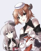 2girls absurdres ahoge blue_eyes brown_eyes brown_hair country_connection dixie_cup_hat elbow_gloves flipped_hair glasses gloves grey_background grey_hair hat headgear heywood_l._edwards_(kancolle) highres kantai_collection long_hair military_hat multiple_girls neckerchief red_neckerchief richard_p._leary_(kancolle) sailor_collar sailor_shirt school_uniform serafuku shirt short_hair smile torisu_(highball_kai) white_gloves white_shirt rating:g score:7 post #10154001