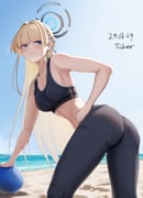 1girl alternate_costume ass beach blonde_hair blue_archive blue_eyes breasts earrings halo highres jewelry long_hair looking_at_viewer medium_breasts ocean sand solo ticker_(kks2ksy) toki_(blue_archive) rating:s score:34 post #10167497