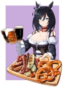 1girl absurdres animal_ears asdf_4532 beer_mug black_choker black_hair blue_eyes bob_cut bodice border breasts choker cleavage closed_mouth cup detached_sleeves dirndl ear_ornament ear_scrunchie eishin_flash_(meisterschaft)_(umamusume) eishin_flash_(umamusume) food frilled_sleeves frills german_clothes hair_between_eyes highres holding holding_cup holding_tray horse_ears horse_girl large_breasts looking_at_viewer mug outside_border puffy_sleeves sausage scrunchie short_hair simple_background smile solo swept_bangs tray umamusume white_border white_scrunchie wide_sleeves rating:s score:15 post #10170335