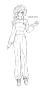 1girl full_body greyscale hand_up highres hooded_shirt lineart looking_at_viewer low_ponytail medium_hair midriff monochrome navel niv_cm original pants ponytail shoes solo white_background rating:g score:0 post #10176736