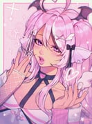 1girl \||/ ahoge black_choker black_ribbon border bow_(weapon) braid brown_streaks choker chromatic_aberration collarbone commentary commission cross_hair_ornament demon_wings double-parted_bangs drawing_bow dutch_angle ear_chain ear_piercing earrings eyelashes eyes_visible_through_hair eyeshadow fingerless_gloves fingernails fins fishnet_gloves fishnets four-pointed_star gem-studded_nails gloves grid_background gyaru_makeup hair_between_eyes hair_ornament hair_ribbon halftone hands_up head_fins head_wings heart heart_ahoge heart_choker heart_earrings highres holding holding_bow_(weapon) holding_weapon indie_virtual_youtuber jewelry light_blush light_particles linked_piercing long_fingernails long_hair looking_at_viewer makeup mirukugatsu multicolored_nails nail_ornament noisykoala off-shoulder_shirt off_shoulder open_mouth outline piercing pink_background pink_eyeshadow pink_hair pink_lips pink_nails pink_sleeves pink_theme portrait purple_eyes purple_outline ribbon shirt side_braid single_glove single_hair_streak single_sleeve star_(symbol) symbol-only_commentary tan teeth tongue two-tone_nails two_side_up upper_teeth_only weapon white_border white_gloves white_nails white_ribbon white_shirt white_streaks wing_hair_ornament wings rating:g score:2 post #10172249