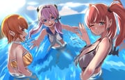 3girls anchor_hair_ornament atlanta_(kancolle) atlanta_(swimsuit)_(kancolle) bikini blue_bikini blue_eyes blue_sailor_collar blue_sky breasts brown_eyes brown_hair choker commentary_request day earrings flat_chest front-tie_top grey_bikini grey_eyes hair_ornament highres jewelry kantai_collection langley_(kancolle) langley_(swimsuit)_(kancolle) large_breasts layered_bikini long_hair medium_hair multiple_girls official_alternate_costume one_eye_closed orange_bikini outdoors partially_submerged purple_hair richard_p._leary_(kancolle) richard_p._leary_(swimsuit)_(kancolle) roku_(roku28) sailor_bikini sailor_collar short_hair sky smile star_(symbol) star_earrings swimsuit two_side_up white_choker rating:s score:12 post #9810576