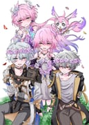 2boys 2girls black_coat black_pants blue_eyes caelus_(honkai:_star_rail) coat commentary corrupted_twitter_file cyrene_(aedes_elysiae)_(honkai:_star_rail) cyrene_(honkai:_star_rail) cyrene_(ripples_of_past_reverie)_(honkai:_star_rail) dress dual_persona grey_hair grey_shirt head_wreath highres holding_head_wreath honkai:_star_rail honkai_(series) long_hair mem_(honkai:_star_rail) multiple_boys multiple_girls pants phainon_(honkai:_star_rail) pink_hair purple_coat purple_eyes shirt simple_background smile sora418354 symbol-only_commentary trailblazer_(honkai:_star_rail) very_long_hair white_background white_coat white_dress white_hair yellow_eyes rating:g score:1 post #10175276