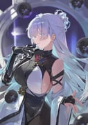1girl \||/ bare_shoulders black_dress blue_eyes blurry blurry_background breasts bridal_gauntlets brooch brown_pantyhose colored_eyelashes commentary cowboy_shot depth_of_field detached_sleeves dress eyes_visible_through_hair goddess_of_victory:_nikke hair_rings hand_up highres jewelry large_breasts long_hair looking_at_viewer nayuta_(nikke) orb pantyhose parted_lips pray_(furei) prosthesis prosthetic_arm side_slit sideboob solo very_long_hair white_eyelashes white_hair wide_sleeves rating:s score:36 post #10173879