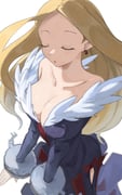 1girl absurdres ako_(hoshiya_830) black_dress blonde_hair breasts broken_handcuffs cleavage closed_eyes cuffs disgaea dress earrings feather-trimmed_dress handcuffs healer_(disgaea) highres jewelry long_dress long_hair mermaid_dress off-shoulder_dress off_shoulder pointy_ears side_slit simple_background white_background rating:s score:13 post #10131700