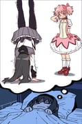 2girls >_< absurdres akemi_homura akemi_homura_(magical_girl) arm_behind_head black_hair black_headband black_pantyhose black_ribbon black_sailor_collar blush bow choker dreaming dress ebora frilled_dress frilled_sleeves frills gem hair_bow handstand headband highres kaname_madoka kaname_madoka_(magical_girl) long_hair long_sleeves magical_girl mahou_shoujo_madoka_magica mahou_shoujo_madoka_magica_(anime) medium_hair multiple_girls pantyhose pink_bow pink_dress pink_eyes pink_gemstone pink_hair pleated_skirt red_ribbon ribbon ribbon_choker sailor_collar short_twintails skirt soul_gem speech_bubble thought_bubble trembling twintails upside-down rating:g score:29 post #10088629