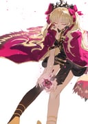 1girl absurdres blonde_hair cloak closed_eyes dress earrings ereshkigal_(fate) falling_petals fate/grand_order fate_(series) feet_out_of_frame flower hair_ribbon highres holding holding_flower jewelry long_hair parted_bangs petals red_cloak regenerate0330 ribbon simple_background single_thighhigh sitting smile solo thighhighs tiara two_side_up white_background rating:g score:19 post #10130598