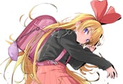 1girl backpack bag black_shirt blonde_hair bow bow_hairband closed_mouth commentary_request dokidoki!_precure hair_bow hairband high-waist_skirt highres kakkuu_(clutch_shot_king) large_bow long_hair long_sleeves looking_at_viewer lying on_side pink_bag pink_skirt precure purple_eyes randoseru red_bow red_hairband regina_(dokidoki!_precure) shirt simple_background skirt solo very_long_hair white_background rating:g score:7 post #9661059