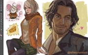 1boy 1girl animal_ears art_program_in_frame ashley_graham beard_stubble black_jacket black_pantyhose blonde_hair boots breasts brown_boots brown_hair brown_scarf cheese chibi chibi_inset collared_shirt facial_hair food french-unicorn green_skirt jacket kemonomimi_mode luis_sera medium_breasts mouse_ears mouse_girl mouse_tail orange_jacket pantyhose parted_bangs parted_lips plaid_clothes plaid_skirt resident_evil resident_evil_4 scarf shirt short_hair skirt smirk stubble sweater tail twitter_username white_background white_shirt white_sweater yellow_background rating:g score:0 post #10174299
