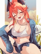 1girl absurdres black_horns camisole closed_eyes commentary_request goddess_of_victory:_nikke highres horns mechanical_horns miko_(uuua12u) official_alternate_costume open_mouth panties red_hair red_hood_(nikke) side-tie_panties smile solo underwear unzipped white_camisole white_panties rating:s score:10 post #10175440