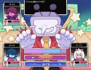 1girl 1other 2boys animal_ears ant_tenna blue_hair blue_skin blush_stickers closed_mouth colored_skin deltarune dialogue_box fangs furry furry_male goat_boy goat_ears green-framed_eyewear grin hair_over_eyes highres horns kmyq4knnni5257 kris_(dark_world)_(deltarune) kris_(deltarune) long_hair multiple_boys omori open_mouth pink_scarf purple_hair purple_skin ralsei scarf short_hair skin_fangs smile teeth translation_request utdr_(toby_fox) rating:g score:0 post #10175413