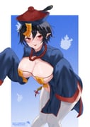 1girl :p absurdres areola_slip black_hair blue_loincloth breasts hat highres jiangshi large_breasts mo_zhu ofuda ofuda_on_head ofuda_on_nipples pasties pointy_ears qingdai_guanmao red_eyes shameimaru_aya short_hair shrug_(clothing) sleeves_past_fingers sleeves_past_wrists solo thighhighs tongue tongue_out touhou white_thighhighs rating:q score:13 post #10168610