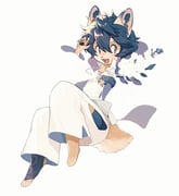 1boy animal_feet black_hair body_fur bridal_gauntlets claws commentary digitigrade dog_boy fang fuji_166 full_body furry furry_male jacket looking_at_viewer male_focus original purple_eyes short_hair simple_background solo symbol-only_commentary tail white_background white_jacket yellow_fur rating:g score:0 post #10171857