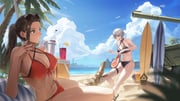 alligator bikini black_bikini black_hair braid breasts commentary cotta_(heleif) crocodilian delta_force_(video_game) english_commentary eyewear_on_head gloves hair_between_eyes highres keffiyeh large_breasts luna_kim_(delta_force) medium_breasts mole mole_under_eye multicolored_bikini multiple_girls outdoors red_bikini single_braid stomach swimsuit white_hair xiaowen_mai_(delta_force) rating:s score:7 post #9968639
