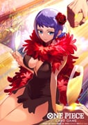 1girl black_dress blue_eyes carina_(one_piece) commentary_request copyright_name cup dress earrings eyelashes feather_boa gild_tesoro hair_bun highres holding holding_cup jewelry official_art one_piece one_piece_card_game out_of_frame plunging_neckline purple_hair ring ryuda short_bangs short_dress sidelocks sitting smile rating:s score:4 post #10174628